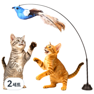 스마일플로우 진짜같은 새 고양이 최애 풀세트 튼튼 고정 낚시대 장난감, 2세트, 파랑새