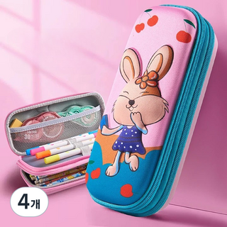 해피트리 초등학생 2단 입체 3D 어린이 필통, 4개, 핑크토끼