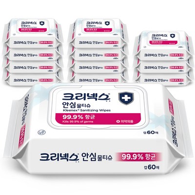 유한킴벌리 크리넥스 안심 물티슈 캡형, 60매, 12개