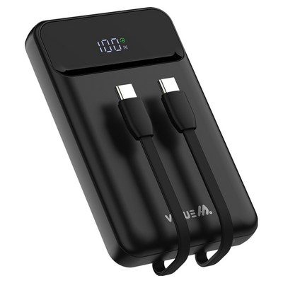 밸류엠 PD 22.5W 고속충전 C타입 트윈 케이블 일체형 미니 보조배터리 10000mAh, 블랙, VM-PA10P23W2C