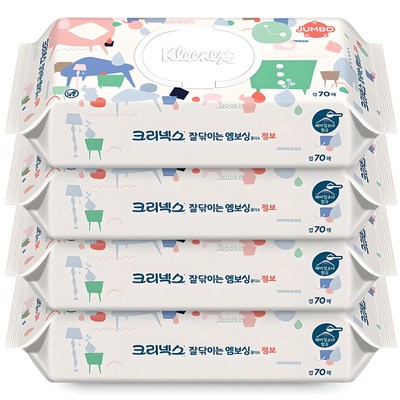 유한킴벌리 크리넥스 잘닦이는 엠보싱 점보 물티슈 캡형, 274g, 70매, 4개