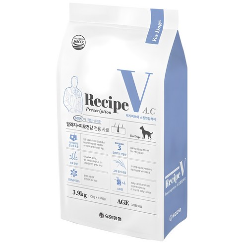 유한양행레시피브이 강아지 처방식사료, 피부/피모+알러지, 3.9kg, 1개