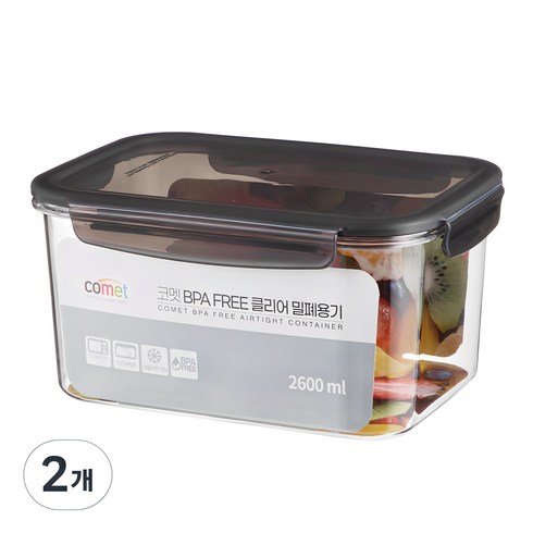 코멧 국내생산 BPA FREE 클리어 직사각 밀폐용기, 2개, 2.6L