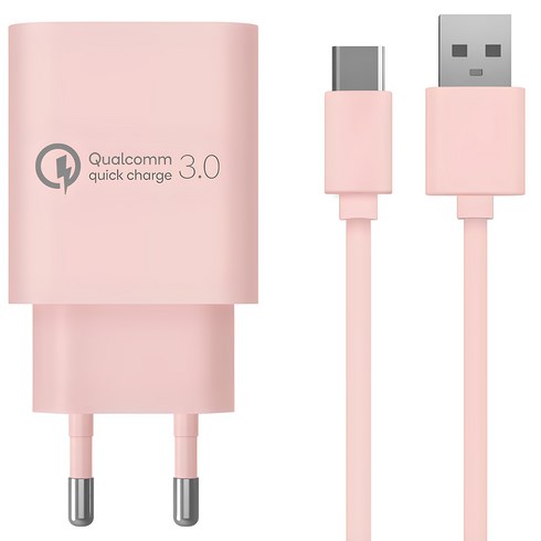 홈플래닛 퀄컴 공식인증 QC3.0 18W 고속충전기 + C타입 충전케이블 1.2m 세트, 핑크, 1세트
