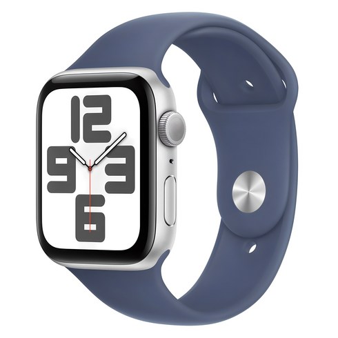 Apple 정품 2024 애플워치 SE 2세대 알루미늄 케이스, 실버 데님 스포츠 밴드 M/L, 44mm, GPS, 실버 / 데님 스포츠 밴드, M/L