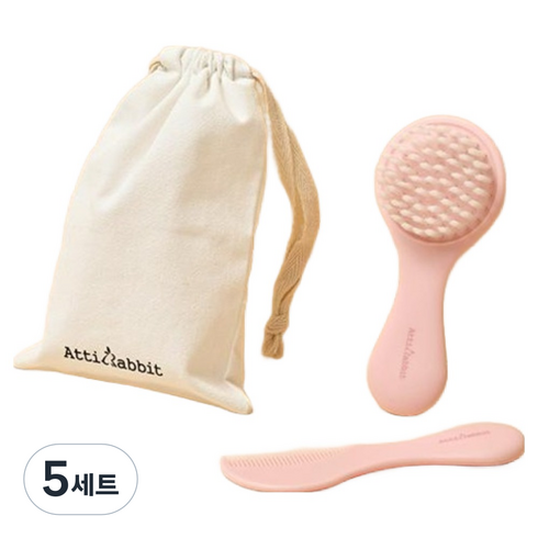 아띠래빗 신생아용 소프트 빗 + 브러쉬 + 파우치 세트, 베이비핑크, 5세트