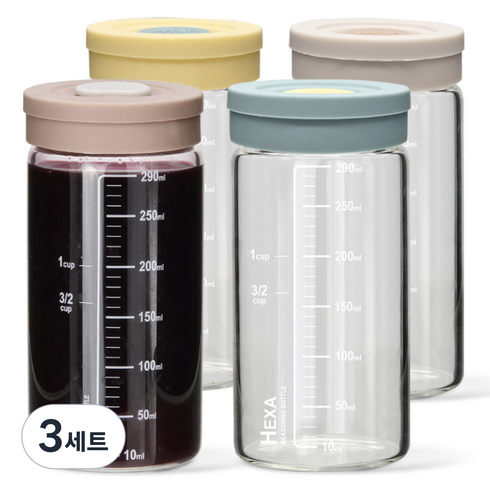 미르코리아 헥사 내열유리 투톤 실리콘캡 눈금유리병 4종 세트, 300ml, 3세트
