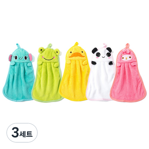 뽀르픽 소프트 귀여운 동물 고리 핸드타월 5종 세트, 그레이, 그린, 핑크, 브라운, 화이트, 3세트