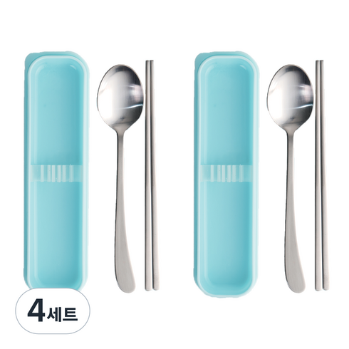 라온누리 파스텔 수저고정 무소음 휴대용 도시락수저케이스 대 + 숟가락 + 젓가락 세트, 파랑(수저케이스), 수저케이스 2p + 숟가락 2p + 젓가락 2p, 4세트