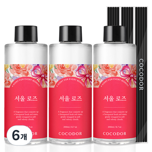 코코도르 디퓨저 리필액 200ml + 리드스틱 5P, 서울로즈, 6개