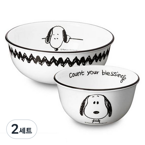 코렐 스누피 & 찰리 에디션 코리안 식기세트, 화이트 + 블랙, 공기 + 대접, 2세트
