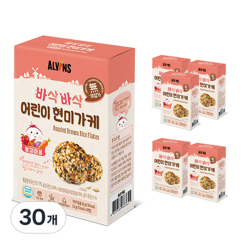엘빈즈 바삭바삭 어린이 현미가케 빨강마을, 새우 + 당근 + 자색고구마 + 파프리카, 28g, 30개
