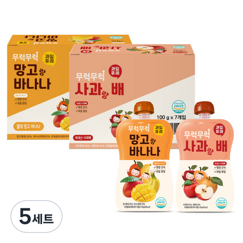 이유케어스 무럭무럭 과일 퓨레 2종 x 7p 세트, 사과랑 배 + 망고랑 바나나 혼합맛, 5세트