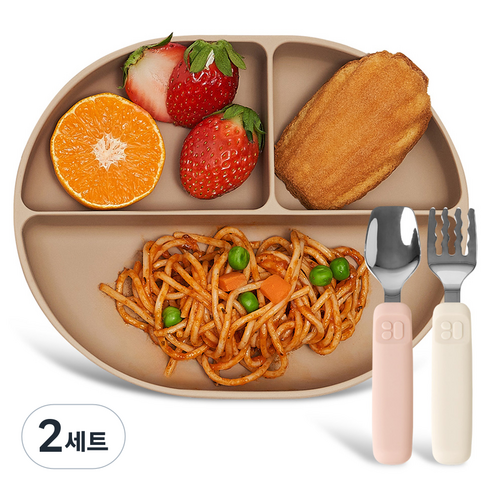 마더케이 유아용 실리콘 이유식 3구 흡착식판 + 실리콘 스푼 포크 세트, 베이지(식판), 핑크 아이보리(스푼, 포크), 2세트