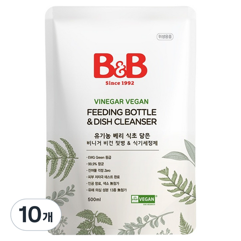 비앤비 비니거 비건 젖병 앤 식기세정제 리필, 10개, 500ml