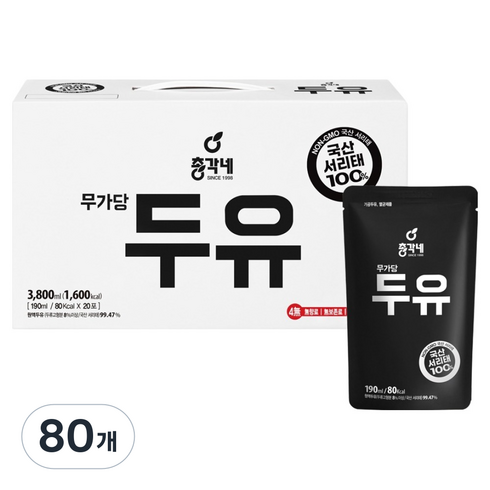 총각네 국산 서리태 무가당 두유, 190ml, 80개