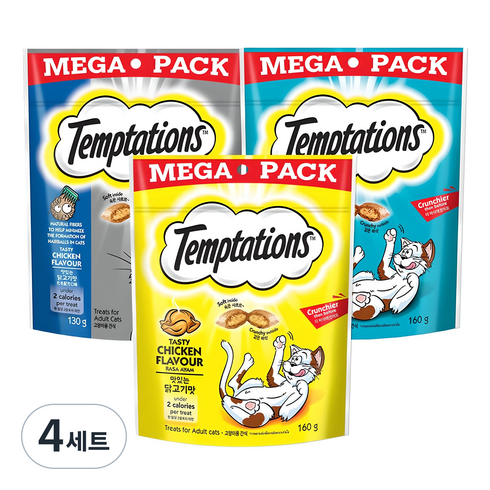 템테이션 고양이 메가팩 스낵 3종 세트, 혼합맛(닭고기/참치/헤어볼컨트롤), 4세트, 450g