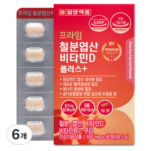 일양약품 프라임 철분엽산비타민D 플러스, 90정, 6개