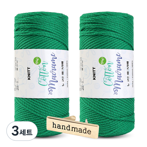 니뜨 뉴 코튼 마크라메 뜨개실 150g x 2p + 핸드메이드 금속라벨 세트, 3세트, 25 브라이트그린(뜨개실)