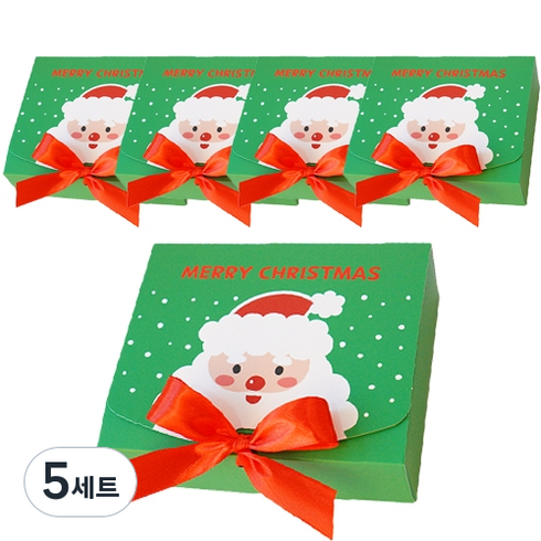 도나앤데코 크리스마스 직사각 포장 상자 중 5p + 리본 5p, 스마일산타 그린, 5세트