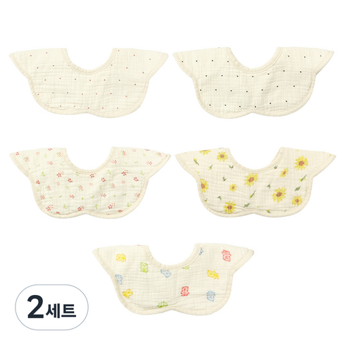 린다베베 6중 방수 거즈 턱받이 세트 A, 레드도트 + 블랙도트 + 야생화 + 해바라기 + 젤리곰, 5개입, 2세트