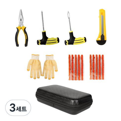 오토크루 타이어 펑크 수리키트 풀세트 파우치형 AC-TL10, 3세트, 블랙