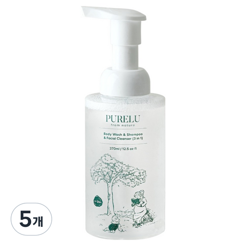 퓨어루 유아용 바디워시&샴푸&폼클렌저 3in1 올인원클렌저, 370ml, 5개