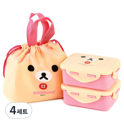 리락쿠마 아동용 사각 밀폐 2단 도시락, 코리락 아이보리, 4세트
