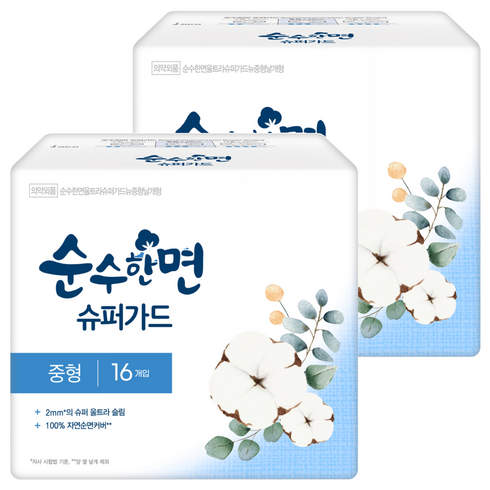 순수한면 슈퍼가드 생리대 날개형, 중형, 16매, 2개