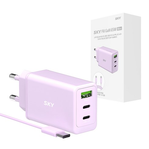 SKY 필 2세대 GaN 65W 미니 3포트 PD3 PPS QC4 플러스 초고속 C타입 멀티 충전기 + 60W C to C 케이블 1.5m 세트, 퍼플, 1개