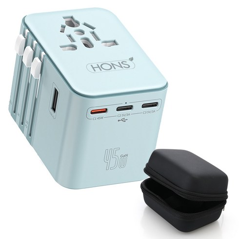 혼스 해외 여행용 멀티 어댑터 PD45W GaN고속 2500W 5구 충전 HSTA-45W5, 스카이블루, 1개