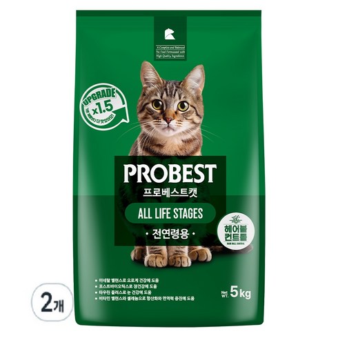 프로베스트 고양이 그린 전연령 기능성 사료, 헤어볼+장건강, 5kg, 2개