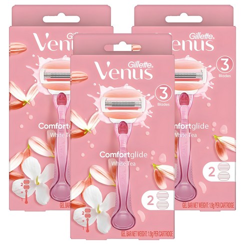 Venus 정품 컴포트 글라이드 화이트티 여성용 면도기 + 면도날 2입, 혼합색상, 3개