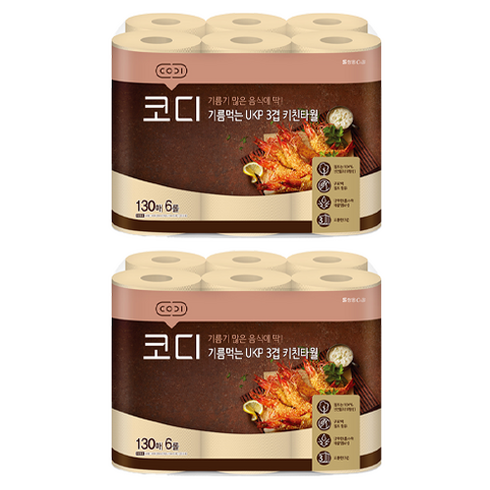 코디 기름먹는 UKP 3겹 키친타올, 6롤, 2개