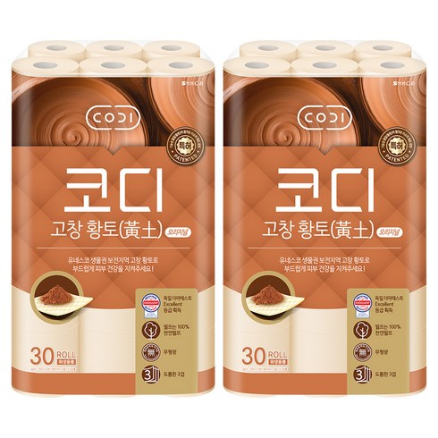 코디 고창황토 오리지널 천연펄프 3겹 화장지, 25m, 30롤, 2개