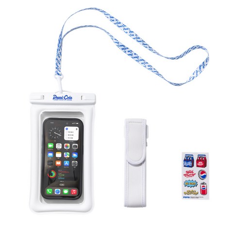 펩시 방수 목걸이 + 암밴드 방수팩 4중 잠금 TPU 휴대폰 에어 범퍼 대용량 방수케이스 125 x 230mm + DIY스티커 세트 PEP-WP01, 화이트, 1세트
