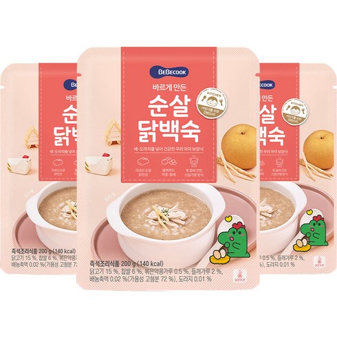베베쿡 바르게 만든 순살 닭백숙, 200g, 3개