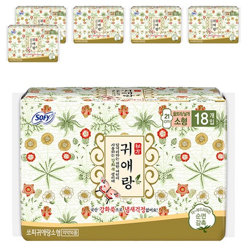 쏘피 귀애랑 생리대 울트라 날개형, 소형, 18개입, 6개