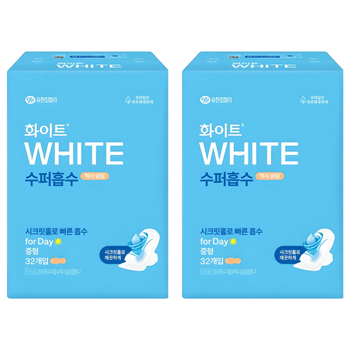 화이트 수퍼흡수 맥시 슬림 생리대 날개형, 중형, 32개입, 2개