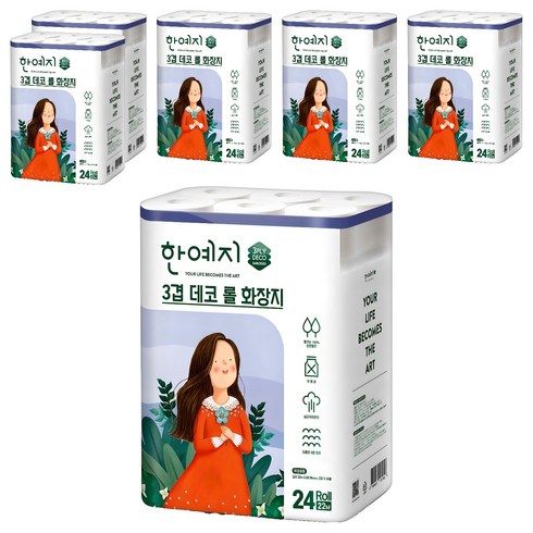 한예지 3겹 데코 천연펄프 고급롤화장지, 22m, 24롤, 6개