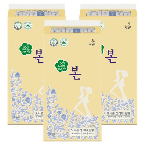 유기농본 유기농 순면 울트라슬림 생리대, 중형, 26개입, 3개
