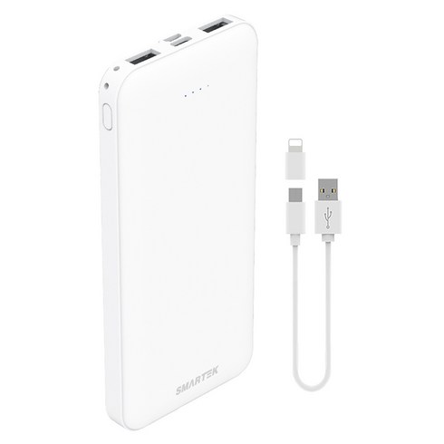 스마텍 듀얼포트 슬림보조배터리 10000mAh c타입 케이블 + 8핀 젠더, STPB-SL1(WH), 화이트
