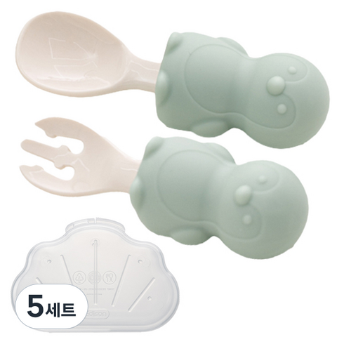 에디슨 유아용 실리콘 스푼 세트 꼬마 펭귄, 5세트, 스푼 + 포크 + 케이스, 민트