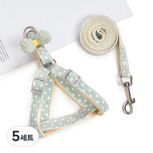 요런개 강아지 도트 리본 하네스 + 리드줄 세트 Y형, 03 그린, 5세트
