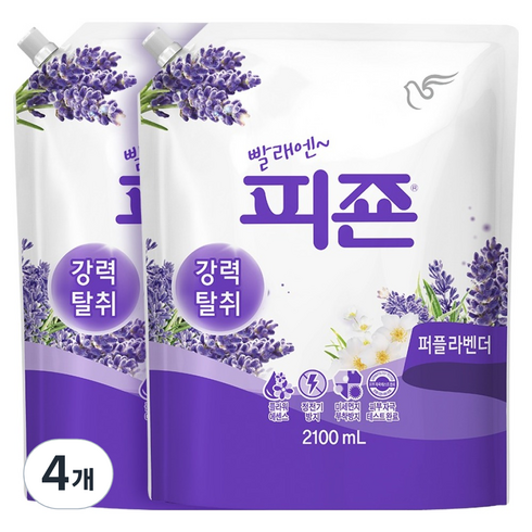 피죤 강력탈취 섬유유연제 퍼플라벤더 리필, 2.1L, 4개