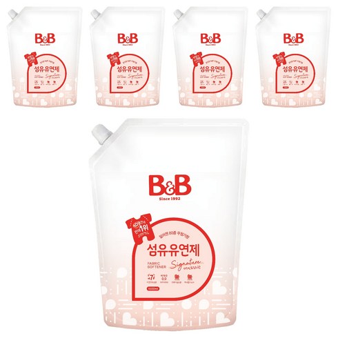 비앤비 비자극 유아 섬유유연제 시그니처 알러젠프리 자스민앤로즈향 리필형, 1.5L, 5개