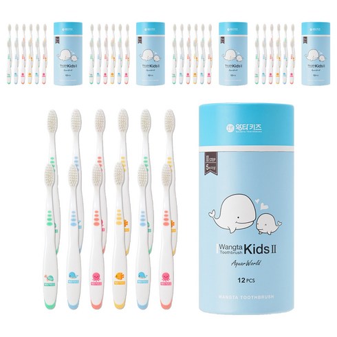 왕타 아쿠아월드 2호 어린이 칫솔, 혼합색상, 12개입, 5개