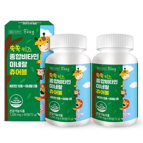 건국유업 쑥쑥 키즈 종합 비타민 미네랄 츄어블 72g, 60정, 2개