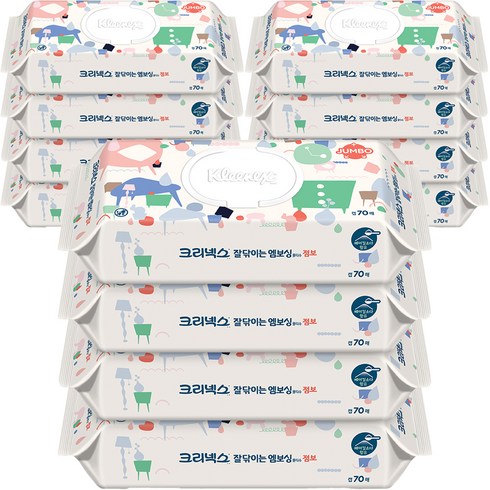 크리넥스 잘닦이는 엠보싱 점보 물티슈 캡형, 274g, 70매, 12개