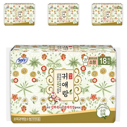 쏘피 귀애랑 생리대 울트라 날개형, 소형, 18개입, 4개